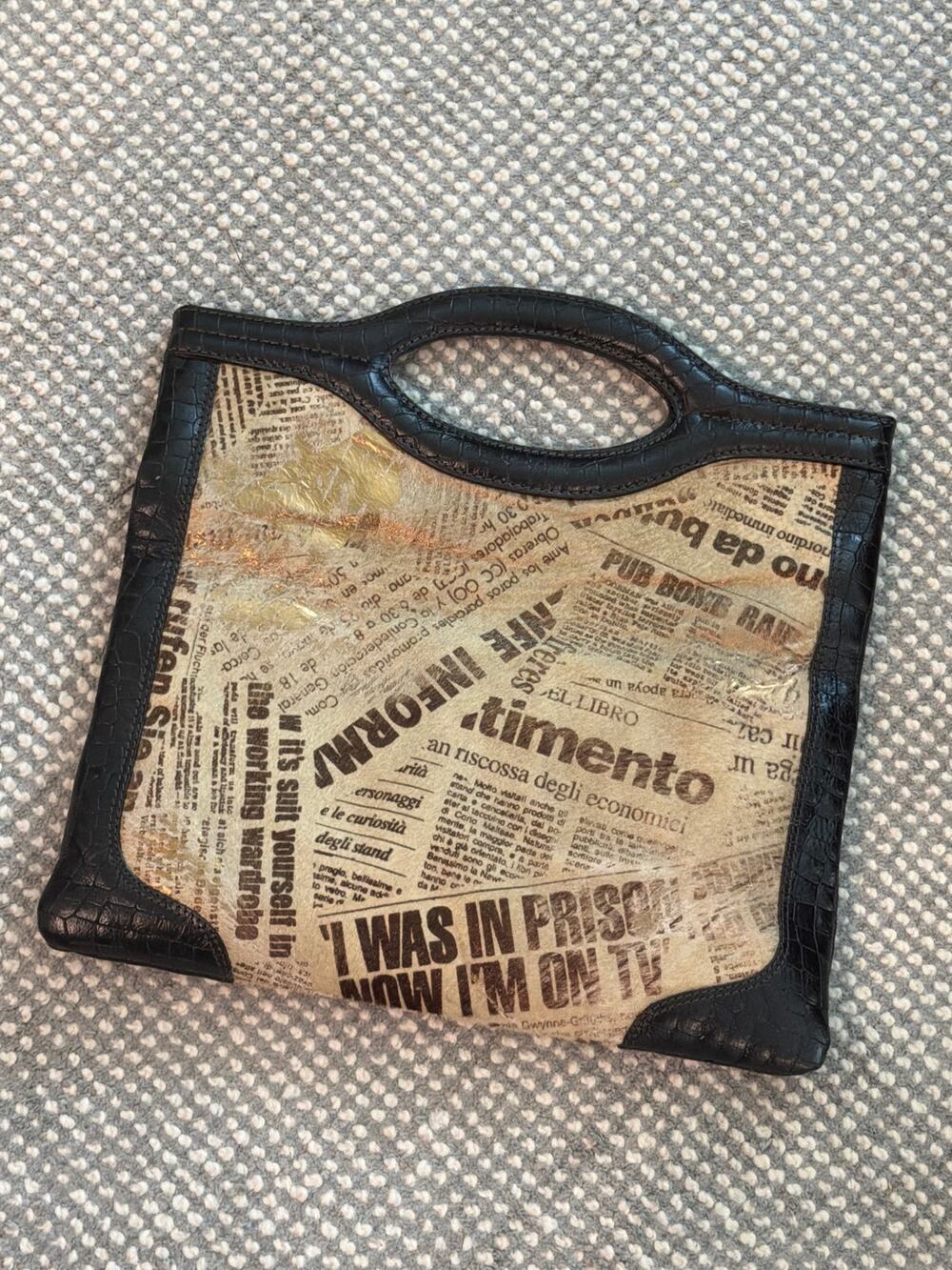 RARE Donald J. Pliner Couture newspaper print leather cut out handle tote bag